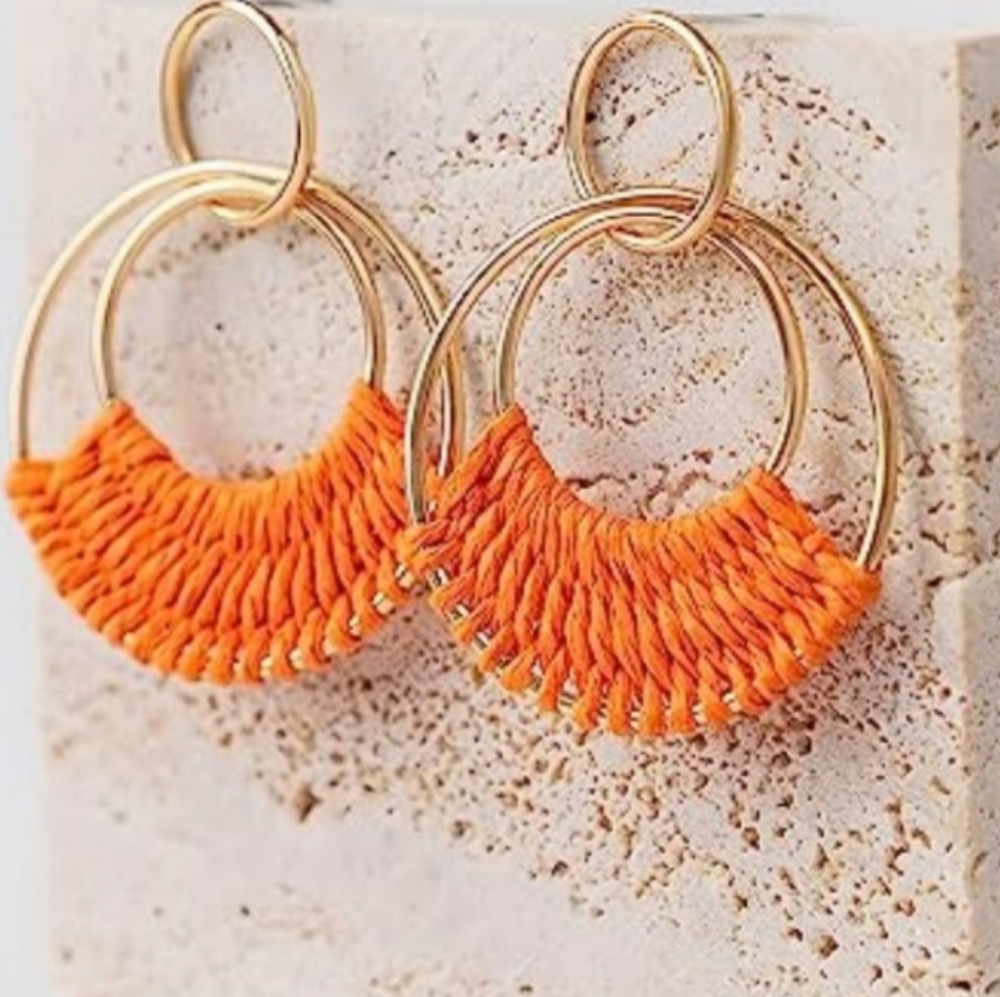 Orange Woven Raffia Gold Hoop Earrings Wicker Hoops Links Post Style Vacay New
